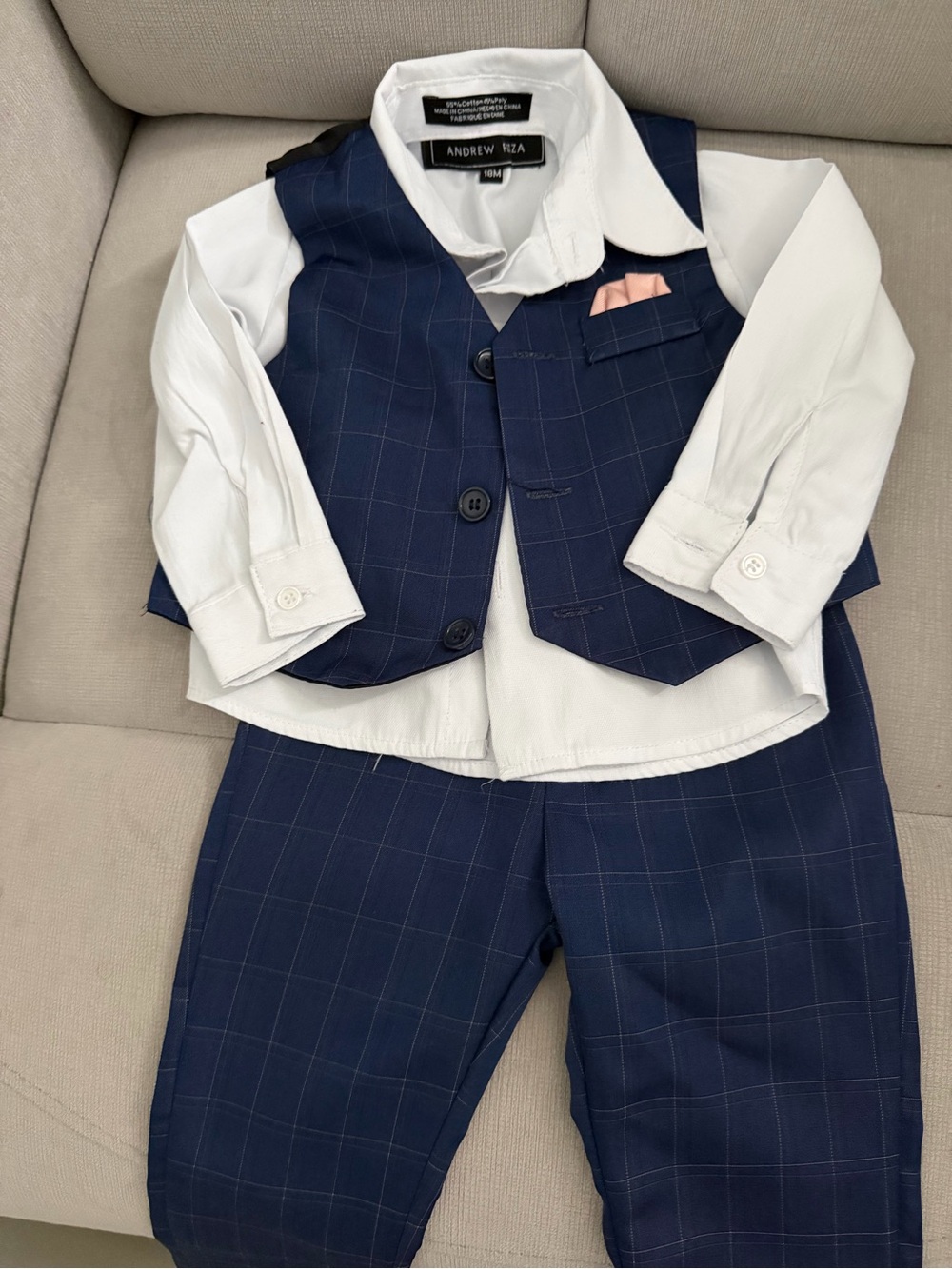 Andrew Fezza Navy Windowpane Vest & Pants Set with White Shirt